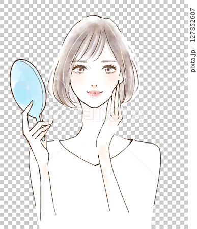 看鏡子和微笑的婦女 127852607
