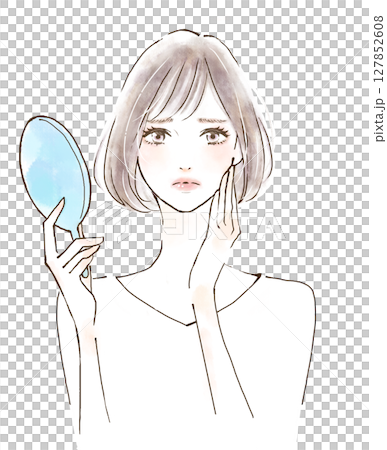 一個女人照鏡子，憂心忡忡，消極 127852608