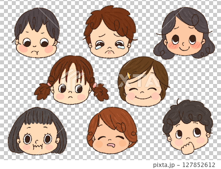 Children with various expressions, modest facial expressions set 1, hand-drawn Children with various expressions, modest facial expressions set 1, hand-drawn 127852612
