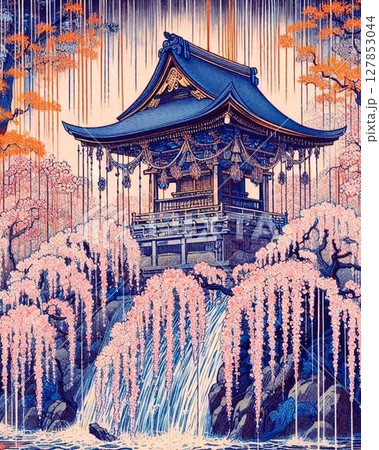 桜と滝が織りなす幻想の稲荷神社 127853044