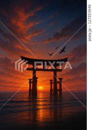 夕暮れの海に佇む鳥居と幻想的な空 127853046