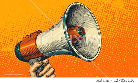 hand with megaphone on yellow background hand with megaphone on yellow background 127853110
