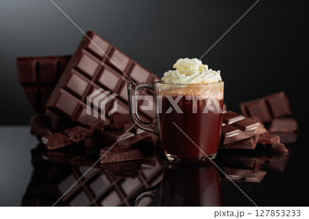 Hot chocolate with whipped cream. 127853233