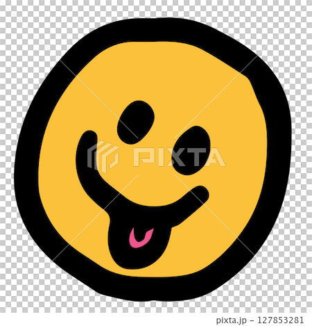 Hand drawn illustration of happy yummy face for sticker, logo, icon, mood, positive vibe, good energy, tattoo, decorations, cute patch, brooch, shirt print, sign, symbol, emoji, expression 127853281