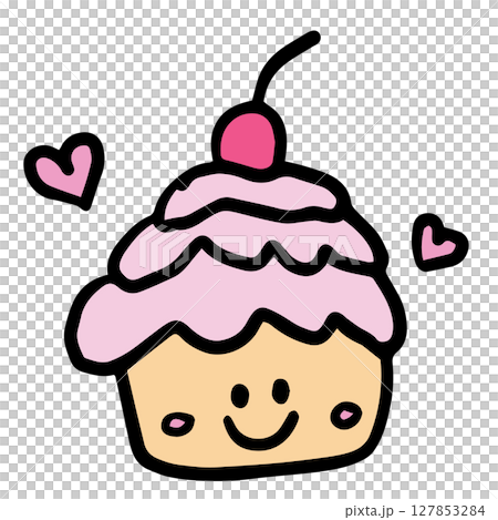 Hand drawn illustration of happy cupcake with cherry for bakery, pastry, food, snack, brunch, afternoon tea, coffee shop, sweet dessert, cute patch, sticker, cuisine, department store, shopping 127853284