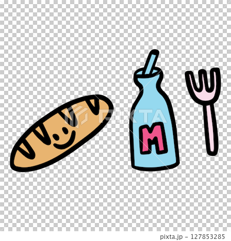Hand drawn illustrations of bread loaf, milk, fork for food, eating decoration, snack, bakery, pastry, cafe, restaurant, menu, recipe, coffee shop, cook book, cuisine, children, sticker, cartoon 127853285