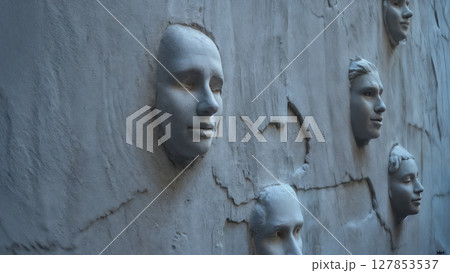 Whispering Walls: Abstract Faces Emerging from a Textured Concrete Surface 127853537