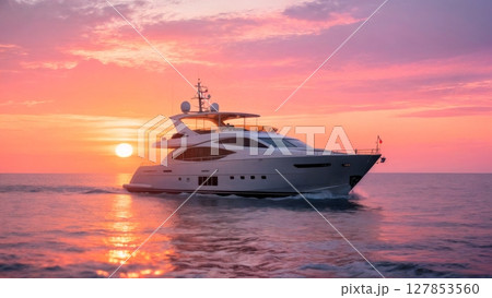 Luxury Yacht at Sunset, Serene Ocean Escape, Exclusive Leisure, and High-Net-Worth Lifestyle. Ideal for travel, marine, and aspirational marketing Luxury Yacht at Sunset, Serene Ocean Escape, Exclusive Leisure, and High-Net-Worth Lifestyle. Ideal for travel, marine, and aspirational marketing 127853560