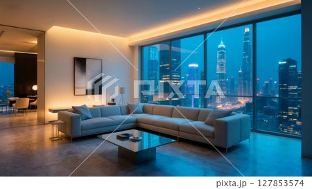 Modern Skyscraper Penthouse, Panoramic City View, Urban Opulence, and Elite Living. Perfect for real estate, architecture, and aspirational content 127853574