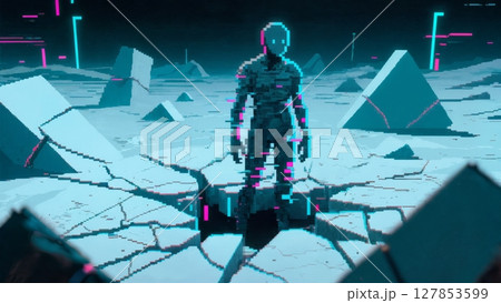 Glitch in Reality: Pixelated Entity in a Distorted Digital Landscape 127853599