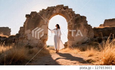 Solo Female Traveler Explores Ancient Ruins, Adventure, Discovery, Cultural Immersion. Perfect for tourism, historical sites, personal growth Solo Female Traveler Explores Ancient Ruins, Adventure, Discovery, Cultural Immersion. Perfect for tourism, historical sites, personal growth 127853601