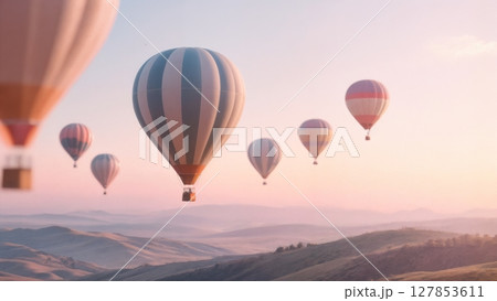 Serene Hot Air Balloons at Sunrise, Dreamy Travel, Escape, Tranquility. Ideal for luxury travel, romantic getaways, inspirational content Serene Hot Air Balloons at Sunrise, Dreamy Travel, Escape, Tranquility. Ideal for luxury travel, romantic getaways, inspirational content 127853611