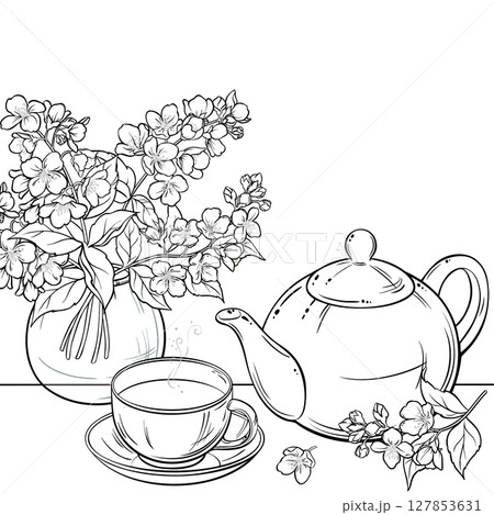 Cup of Jasmine Tea and Jasmine Flowers. Aroma...のイラスト素材 [127853631] - PIXTA