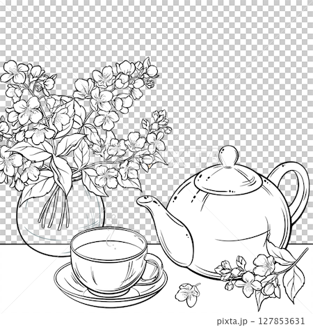 Cup of Jasmine Tea and Jasmine Flowers. Aroma Beverage in a Teapot Outline Illustration Cup of Jasmine Tea and Jasmine Flowers. Aroma Beverage in a Teapot Outline Illustration 127853631