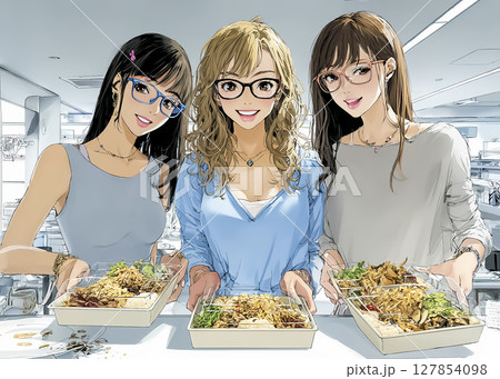 食事を楽しむ女性のイラスト素材 127854098