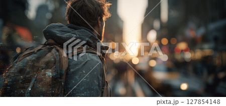 Exploring the urban landscape with augmented reality at sunset 127854148