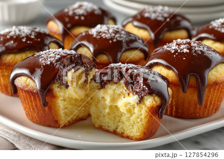Tempting Boston cream pie cupcakes on a platter for dessert lovers 127854296