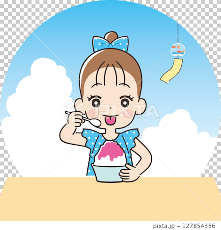 A girl with a colored tongue after eating shaved ice 127854386