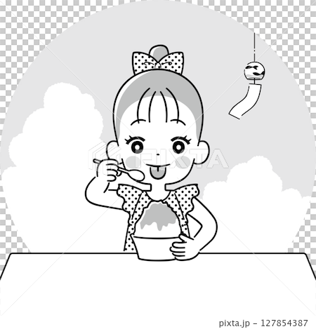 Girl with colored tongue after eating shaved ice, monochrome 127854387