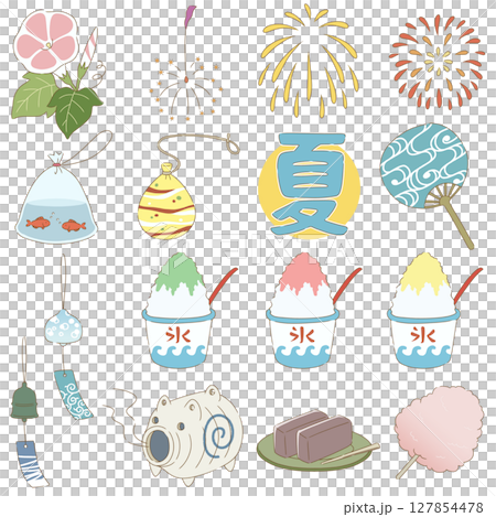 シンプルでナチュラルな日本の夏アイテムセット：主線あり 127854478