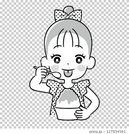 かき氷を食べて舌に色がついた女の子　モノクロ 127854561