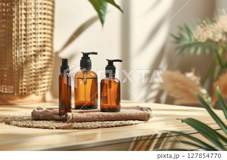 Mockup Bottle pump of face serum on beige background Mockup Bottle pump of face serum on beige background 127854770