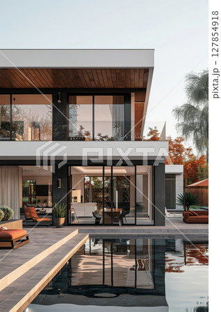 A large white house with a pool and a large glass window 127854918