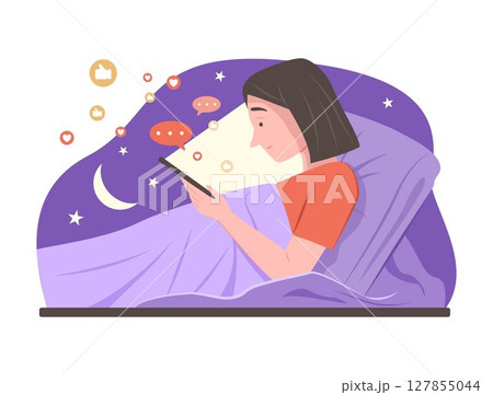 Woman Watching Social Media Content and Chatting on Smartphone Before Sleep at Night for Social Media Addiction and FOMO Concept Illustration Woman Watching Social Media Content and Chatting on Smartphone Before Sleep at Night for Social Media Addiction and FOMO Concept Illustration 127855044