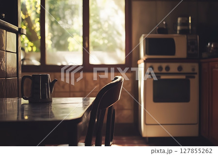 Sunlit Kitchen Scene A Rustic Teapot on a Table.  Sunlit Kitchen Scene A Rustic Teapot on a Table.  127855262