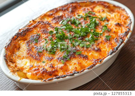 Delicious Baked Pasta Casserole, Garnished with Fresh Herbs.  127855313