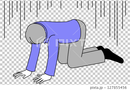 一位心情低落、四肢著地、低著頭的年輕男子的插圖 127855456