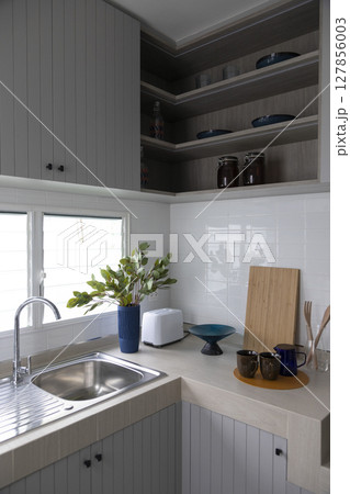 Modern kitchen with pantry cupboards and counter top including a tap and sink Modern kitchen with pantry cupboards and counter top including a tap and sink 127856003
