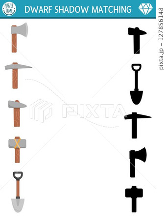 Shadow matching activity with cute dwarf tools. Fairytale puzzle with gnome ax, spade, pickaxe, hammer. Find correct silhouette printable worksheet or game. Magic forest page for kids 127856148