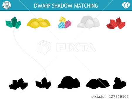 Dwarf shadow matching activity with precious stones and metals. Fairytale puzzle with gold, silver, ruby, emerald. Find correct silhouette printable worksheet, game. Magic gnome page for kids 127856162