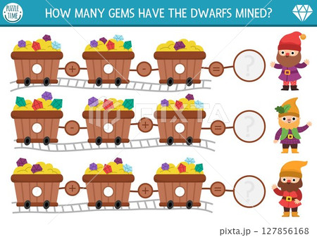 How many gems game with cute dwarf. Fairytale math addition activity for preschool children. Simple fantasy printable counting worksheet for kids with wooden carts with stones, rails, gnome How many gems game with cute dwarf. Fairytale math addition activity for preschool children. Simple fantasy printable counting worksheet for kids with wooden carts with stones, rails, gnome 127856168