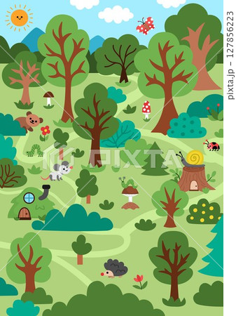 Vector empty forest background. Cute woodland landscape. Nature scene with woods, trees, bushes, path, little houses, animals. Fairytale world or story book illustration for kids with mouse, bear Vector empty forest background. Cute woodland landscape. Nature scene with woods, trees, bushes, path, little houses, animals. Fairytale world or story book illustration for kids with mouse, bear 127856223