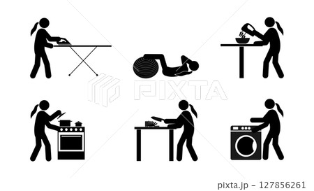 Set of stick figures, cooking and housework, flat vector illustration. 127856261