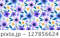 Colorful seamless floral purple blue green pattern with hand-drawn flowers and leaves on white. Ideal for fabric prints, wallpapers, gift wrap, stationery, textile, and spring or summer-themed designs 127856624