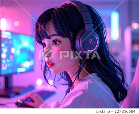 ゲームをする女性 ゲームをする女性 127856684