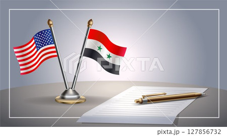 Small national flag of United States (USA) and Syria flag Relation, Template Vector Illustration 127856732