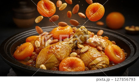 Exquisite Moroccan chicken tagine dish with dried apricots and falling almonds 127856793