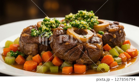 Classic Italian Osso Buco dish with fresh gremolata and chopped vegetables 127856794