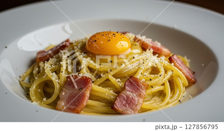Authentic Italian pasta Carbonara dish with egg yolk and crispy bacon 127856795
