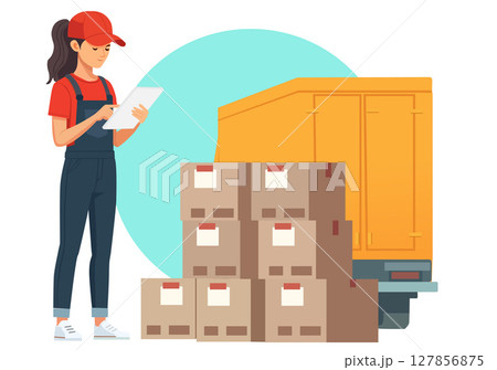 Illustration of a professional female employee checking the product before shipping. Illustration of a professional female employee checking the product before shipping. 127856875