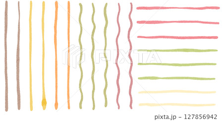 秋の水彩ライン素材セット 波線・直線、かわいい手描きイラスト 127856942