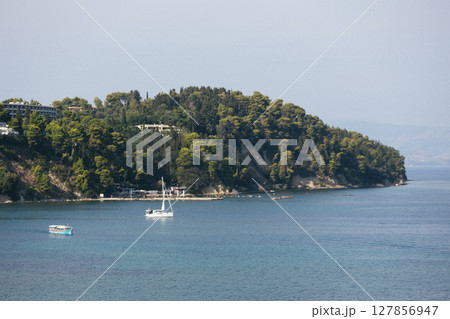 view of Vlacherna monastery island at sunrise, Kanoni, Corfu island Greece 127856947