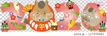 2026年馬年賀年卡插圖（達摩馬和新年裝飾） 127856962