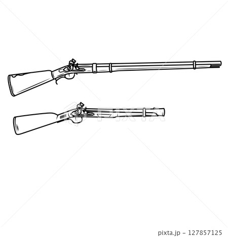 Illustration of old mushket gun isolated on white background. Design element for emblem, sign, poster, badge. Vector illustration Illustration of old mushket gun isolated on white background. Design element for emblem, sign, poster, badge. Vector illustration 127857125