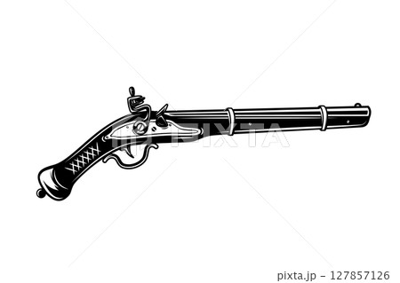 Illustration of old mushket gun isolated on white background. Design element for emblem, sign, poster, badge. Vector illustration Illustration of old mushket gun isolated on white background. Design element for emblem, sign, poster, badge. Vector illustration 127857126