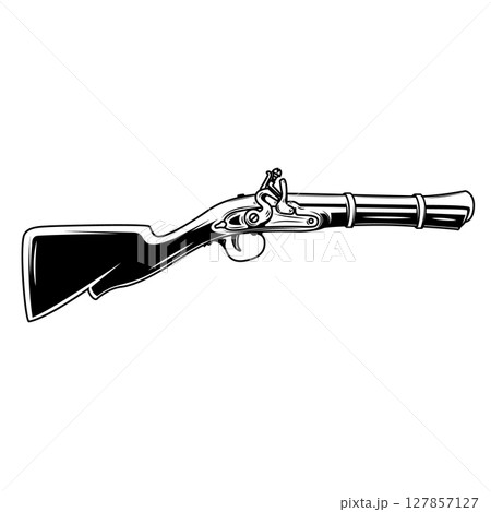 Illustration of old mushket gun isolated on white background. Design element for emblem, sign, poster, badge. Vector illustration Illustration of old mushket gun isolated on white background. Design element for emblem, sign, poster, badge. Vector illustration 127857127